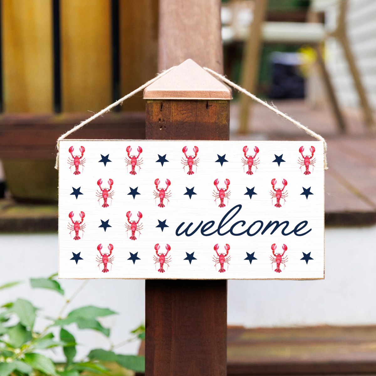 Welcome Red White and Blue Patriotic Lobster Twine Sign