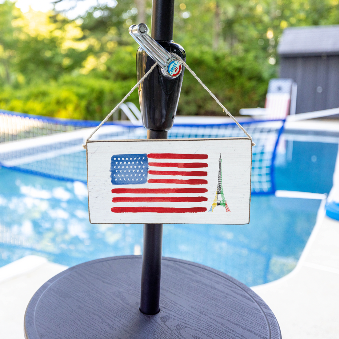 Watercolor American Flag Eiffel Tower Twine Sign