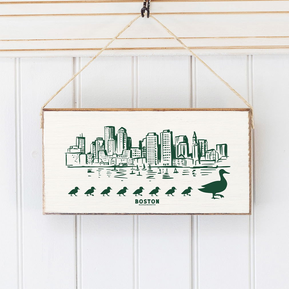 Green Boston Skyline Ducklings Twine Sign
