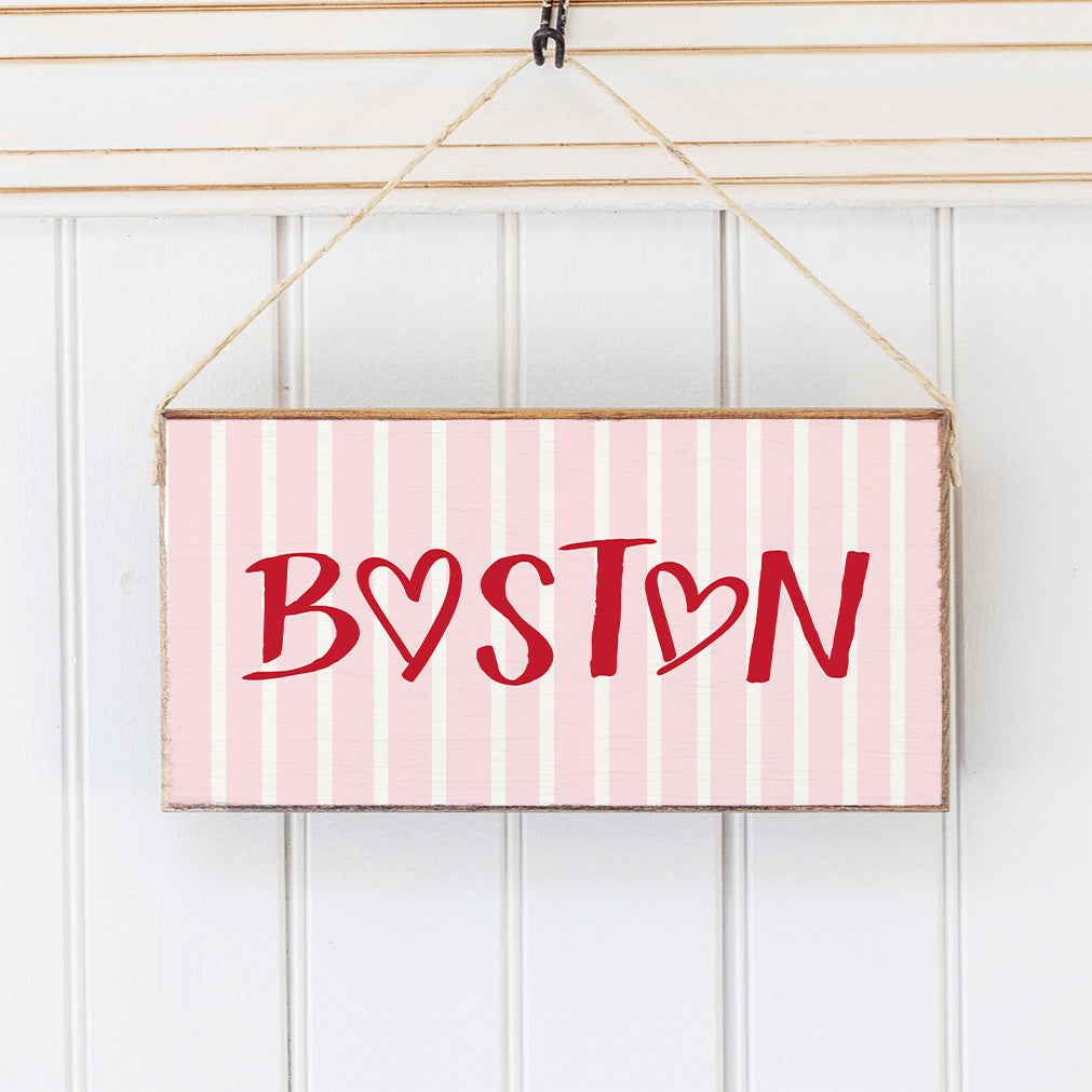Boston Pink Striped Skyline Twine Sign