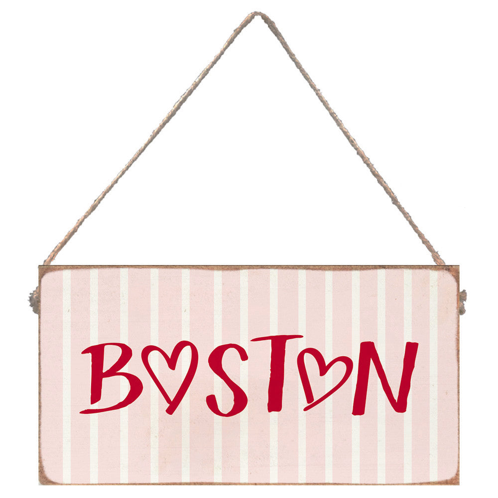 Boston Pink Striped Skyline Twine Sign