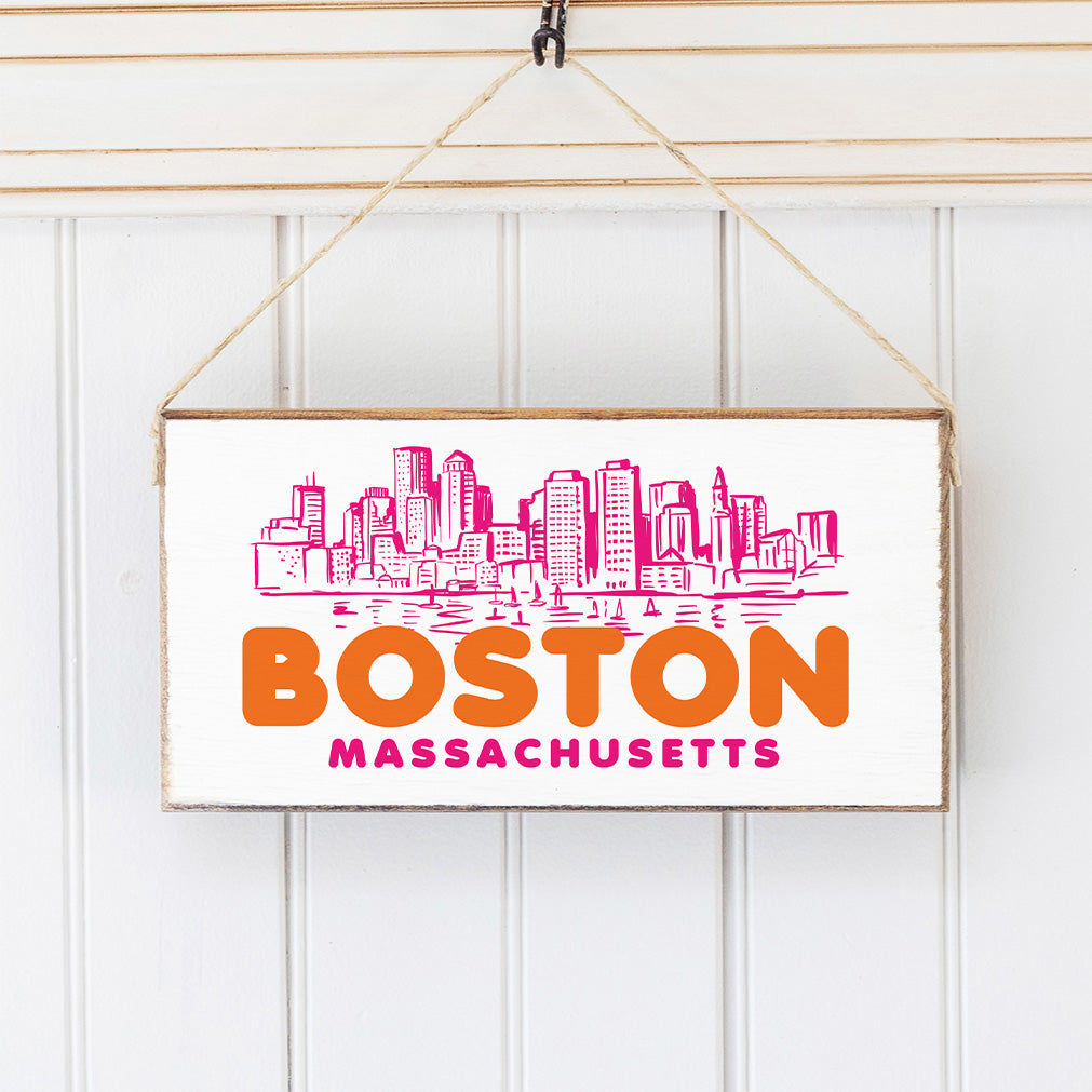 Boston MA Orange and Pink Skyline Twine Sign