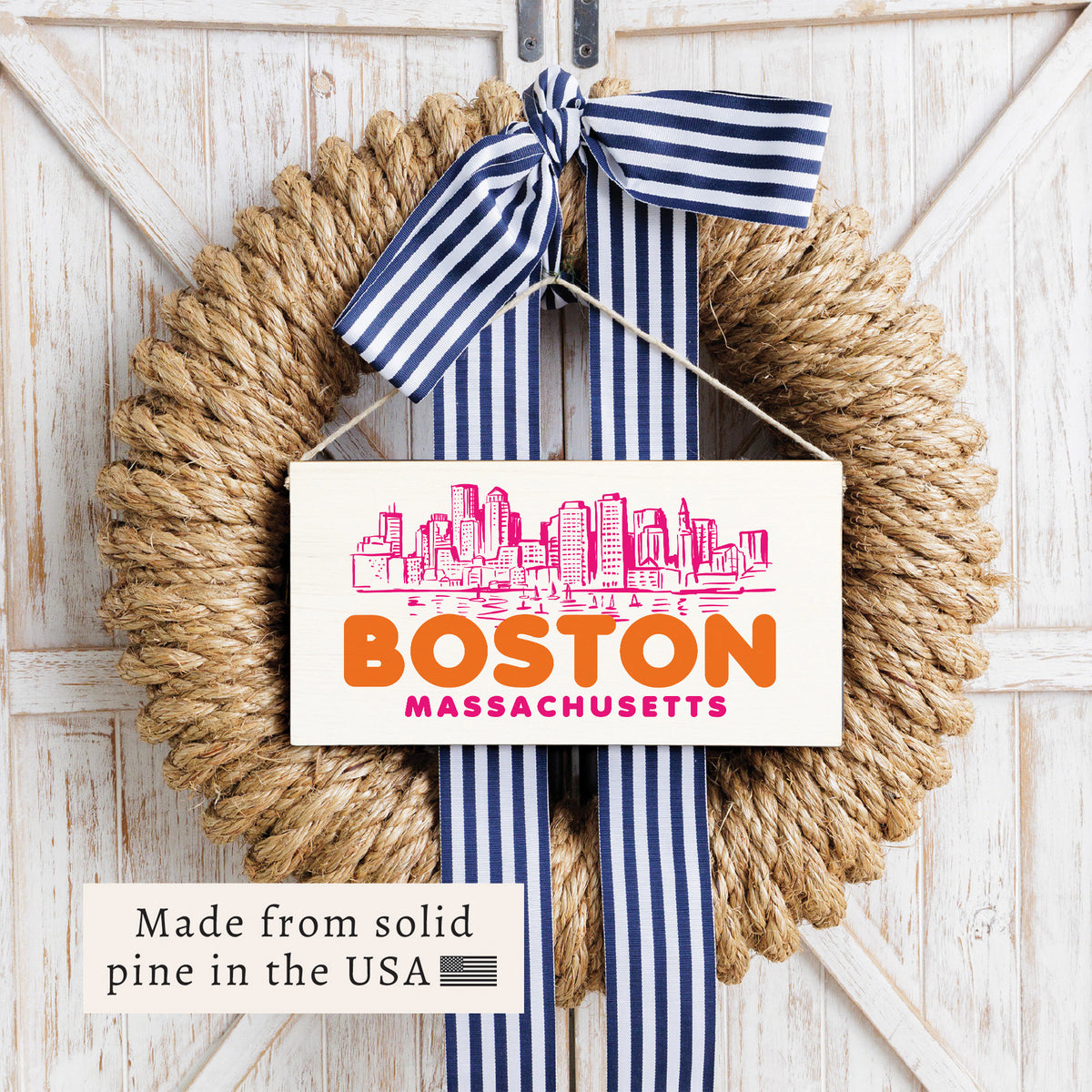 Boston MA Orange and Pink Skyline Twine Sign