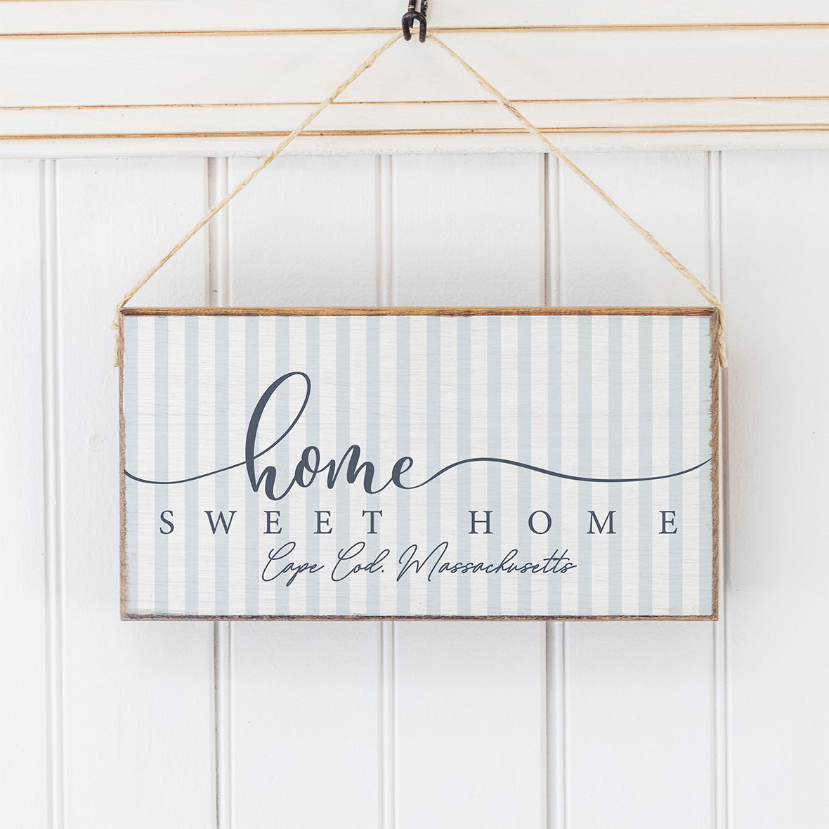 Personalized Blue and White Striped Home Sweet Home Twine Sign