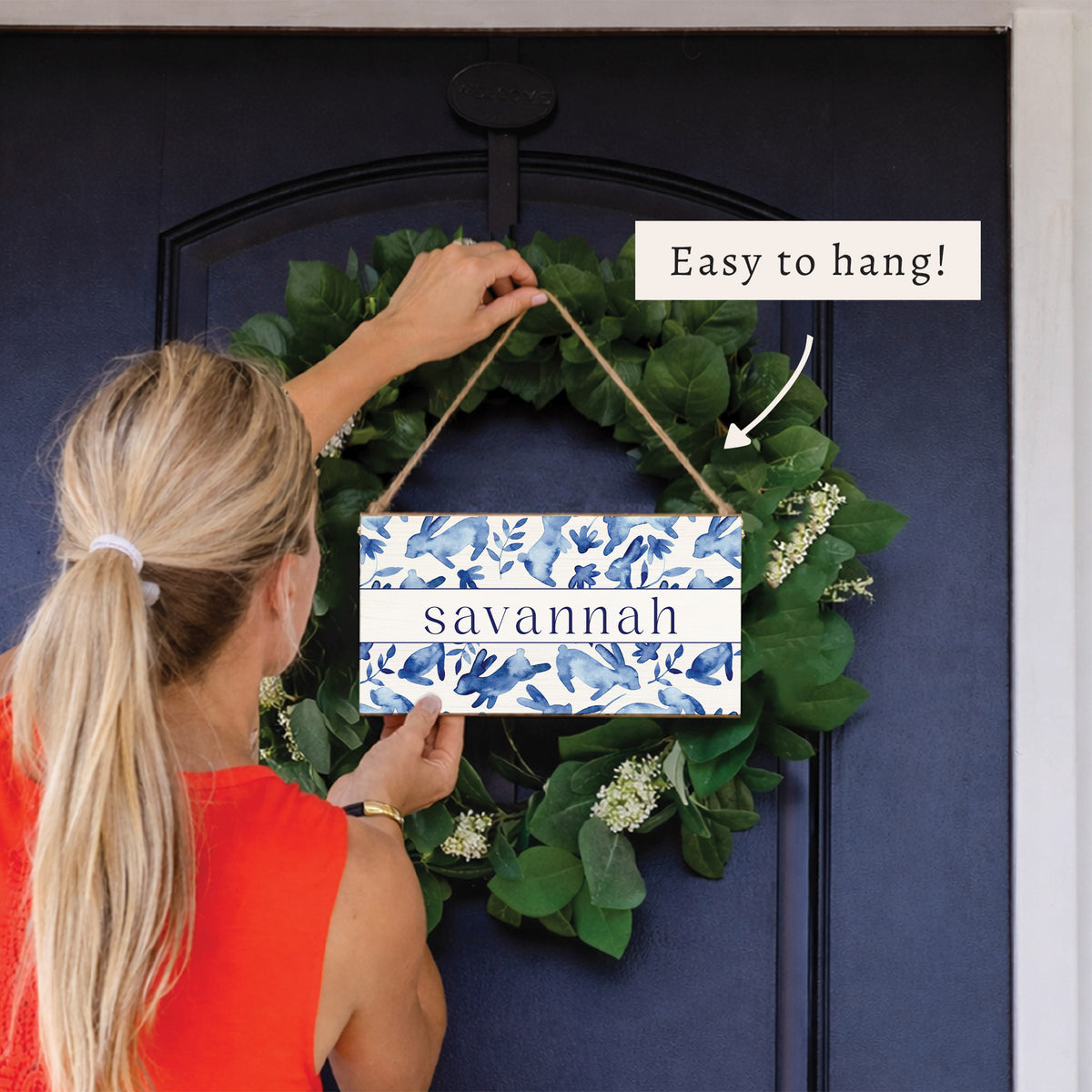 Bunnies Blue Personalized Twine Sign