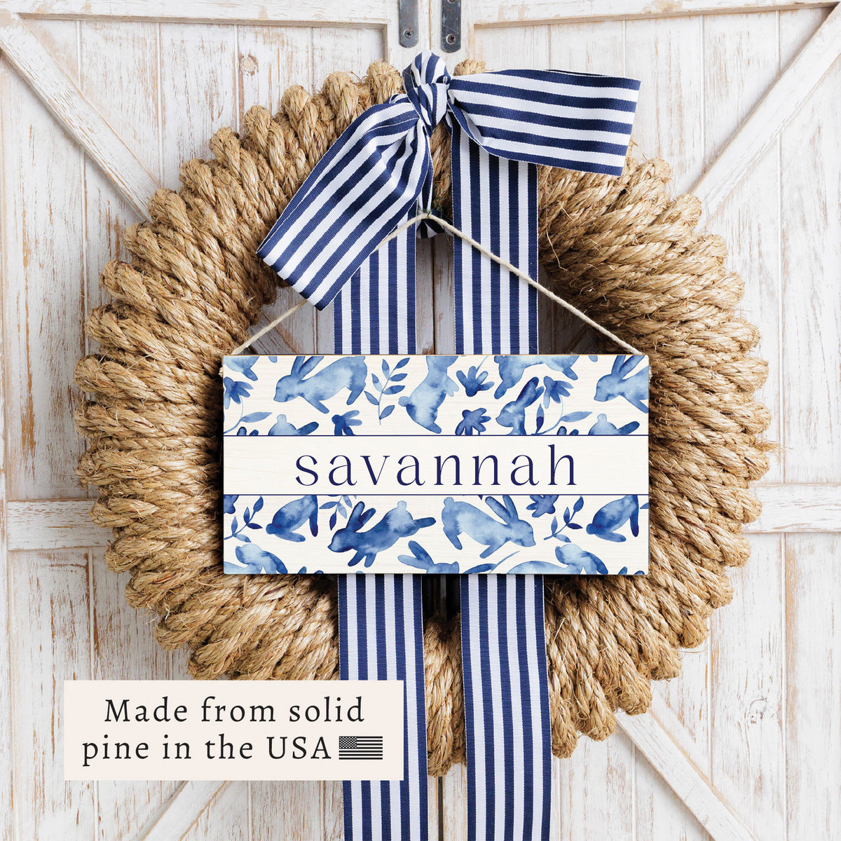 Bunnies Blue Personalized Twine Sign