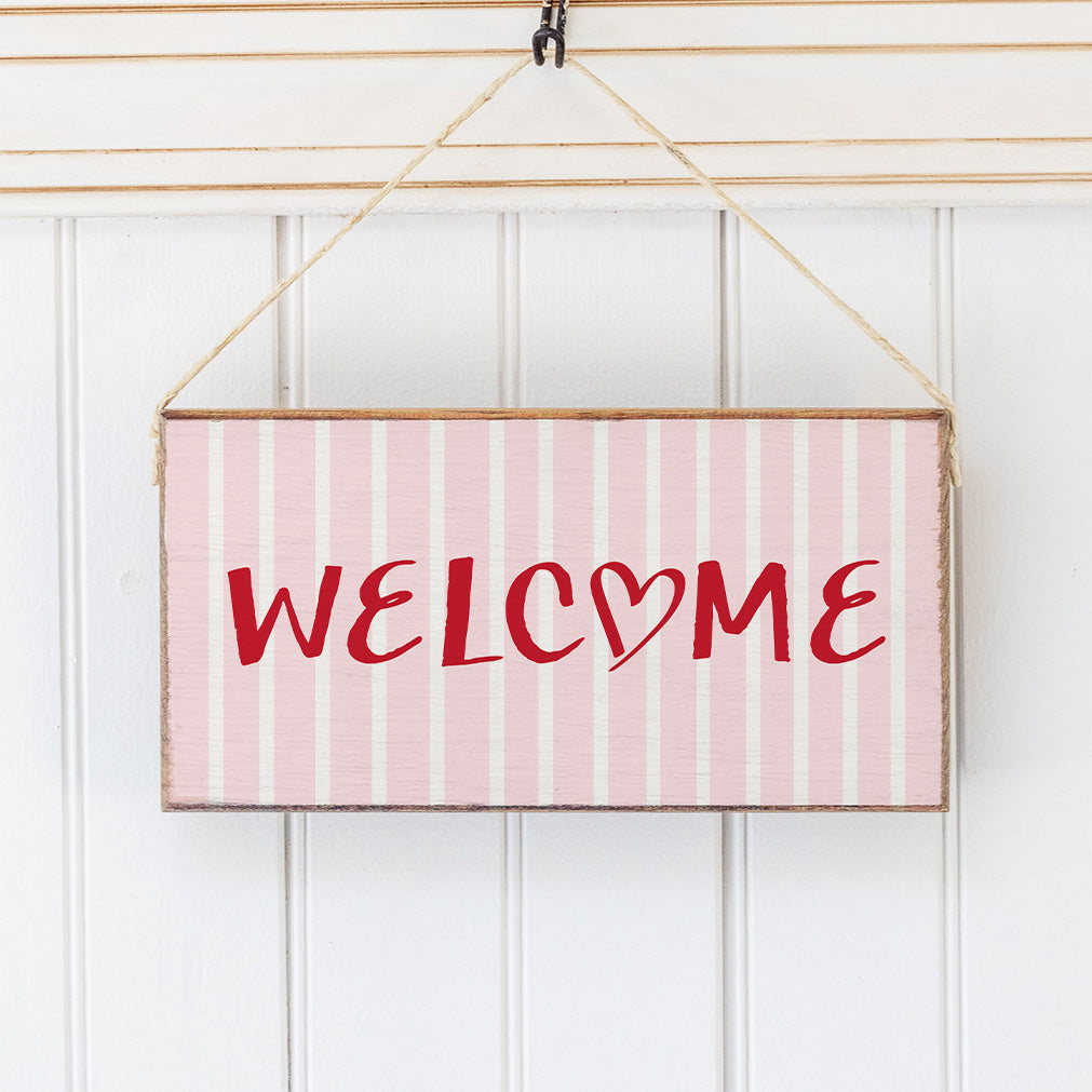 Pink Striped Welcome Heart Twine Sign