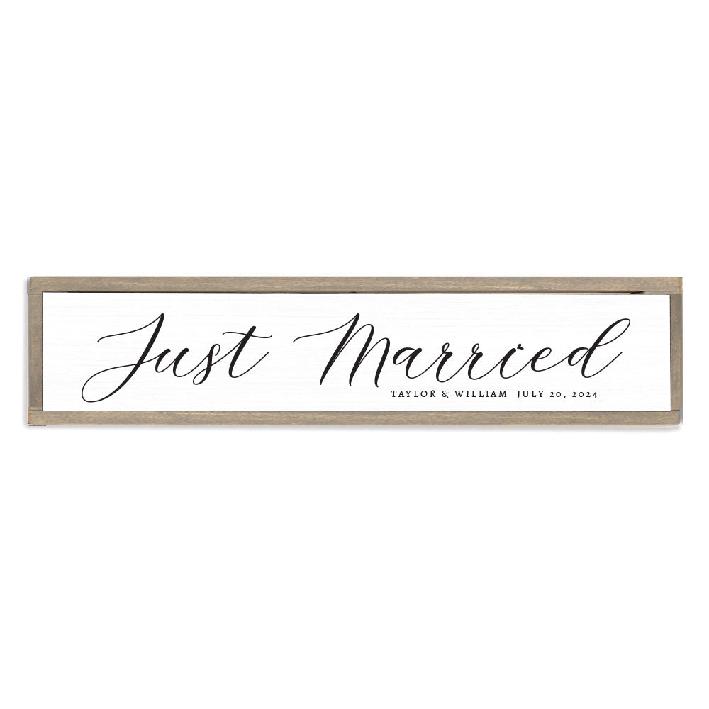 Just Married White Script Personalized Barn Wood Sign