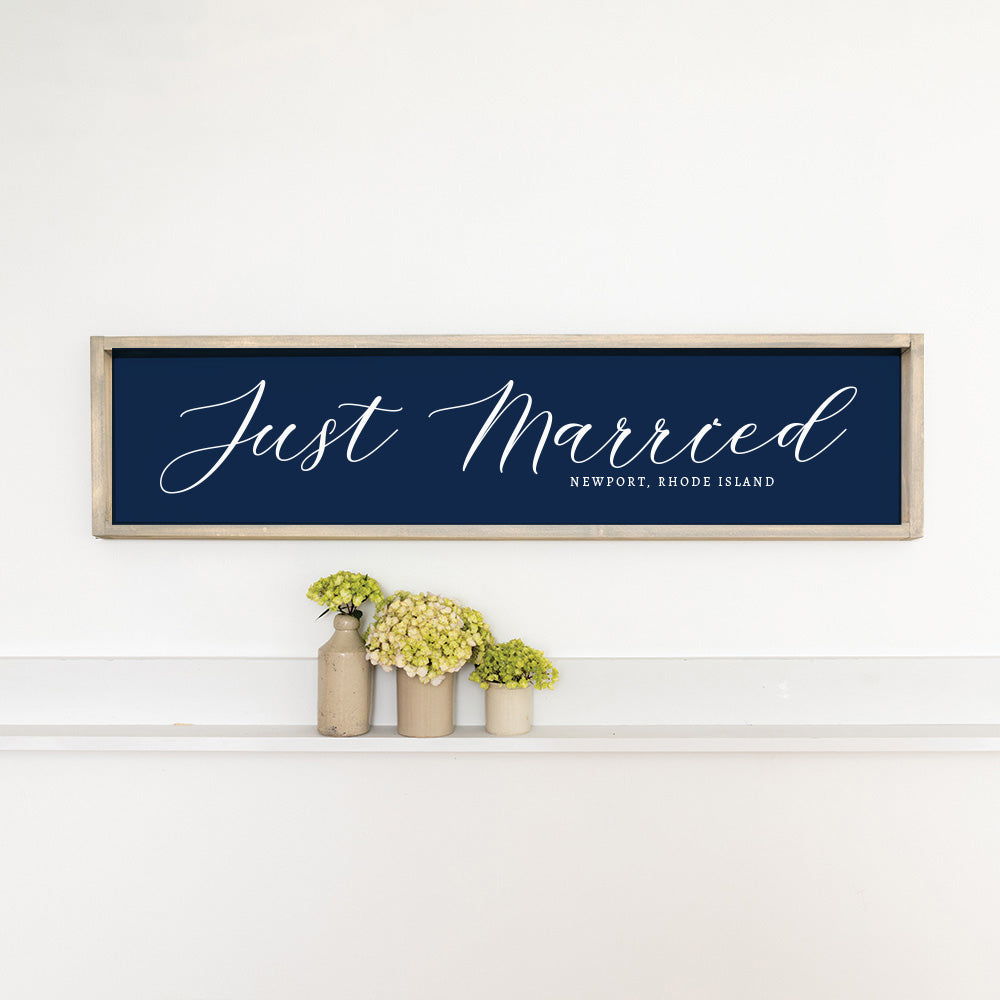 Just Married Navy Script Personalized Barn Wood Sign