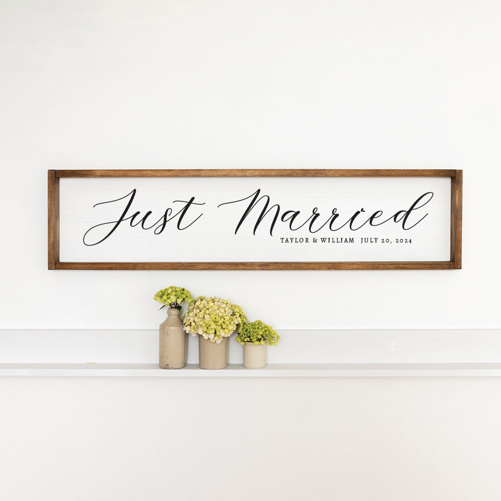 Just Married White Script Personalized Barn Wood Sign