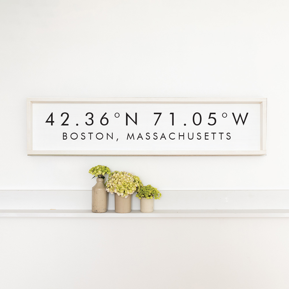 White and Black Coordinates & Your Word Framed Personalized Barnwood Sign