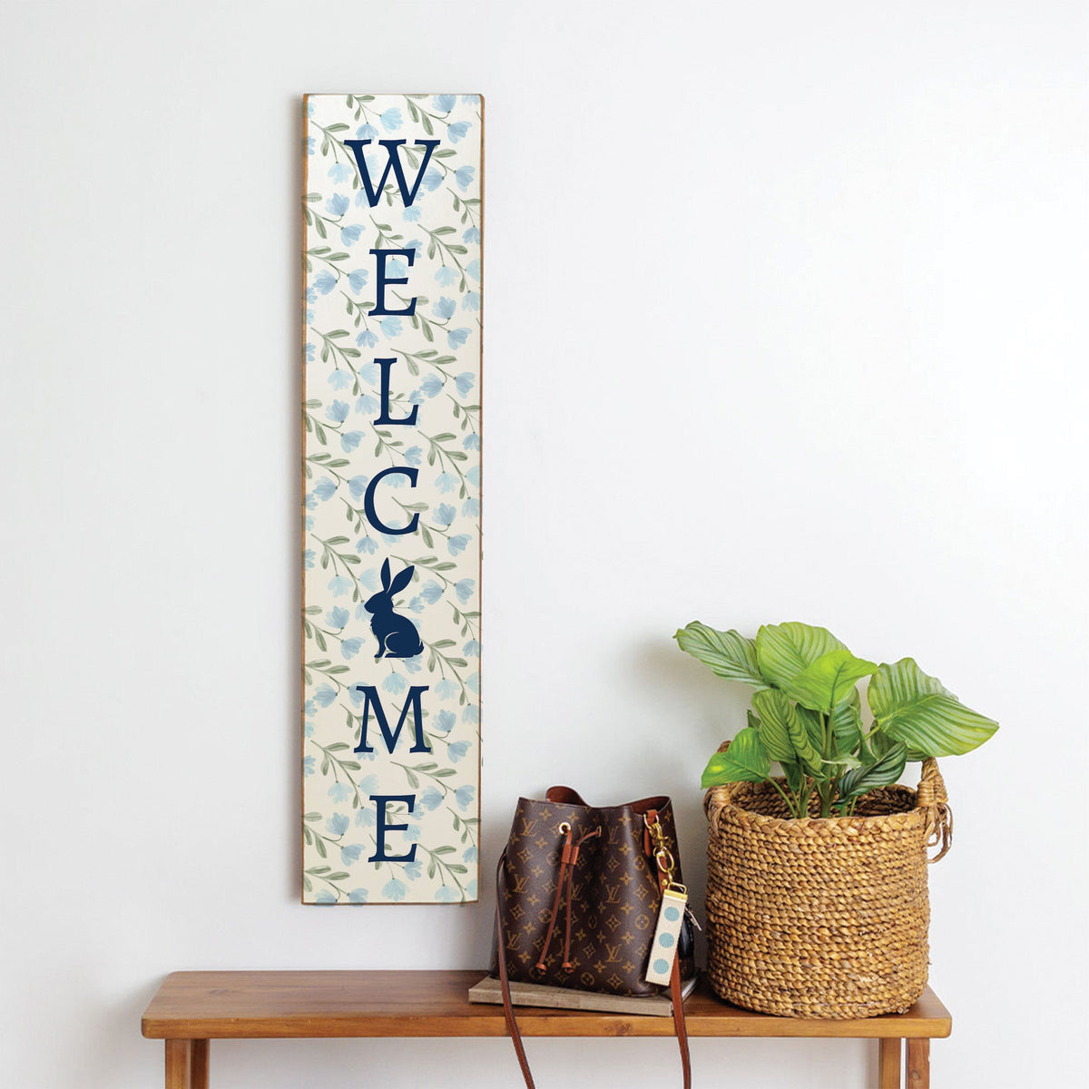 Blue Floral Bunny Welcome Leaner