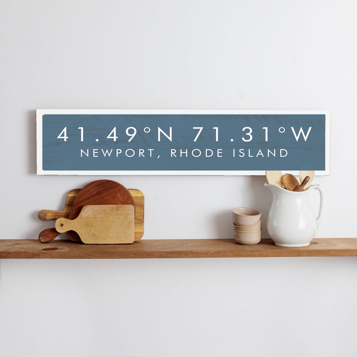 Coastal Blue Coordinates & Your Word Framed Personalized Barnwood Sign