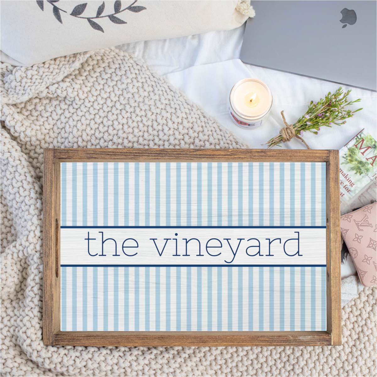 Light Blue Stripes Personalized Serving Tray