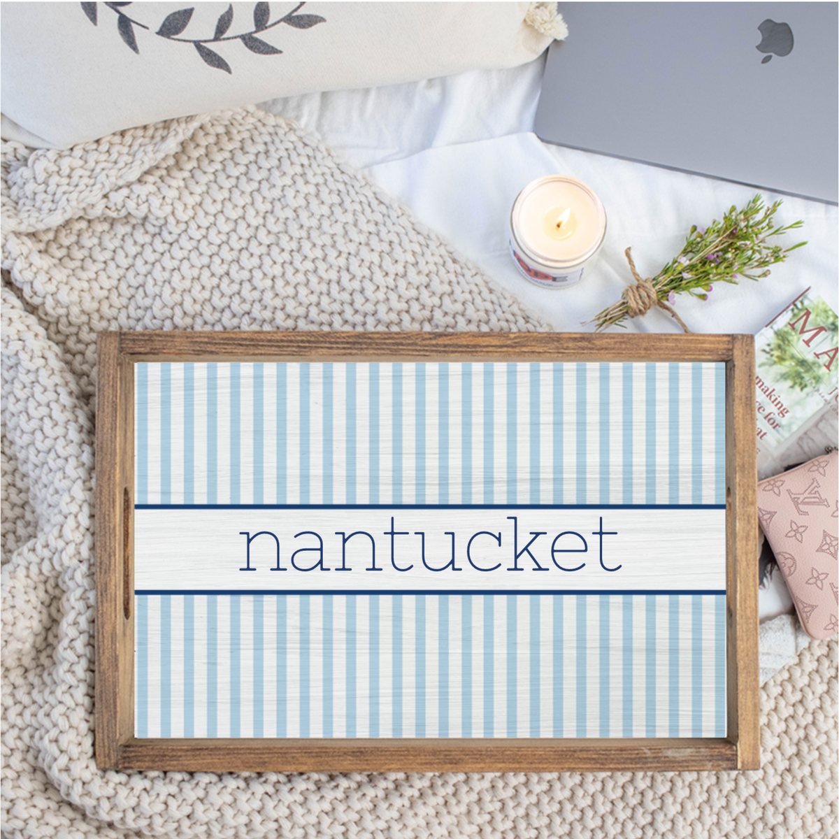 Light Blue Stripes Personalized Serving Tray