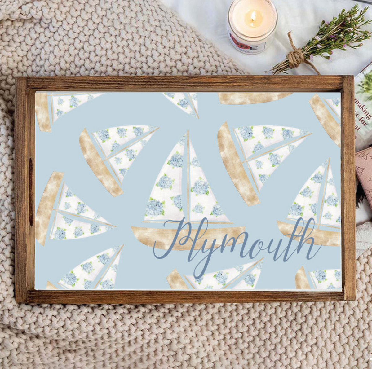 Hydrangea Sailboat Personalized Wooden Serving Tray
