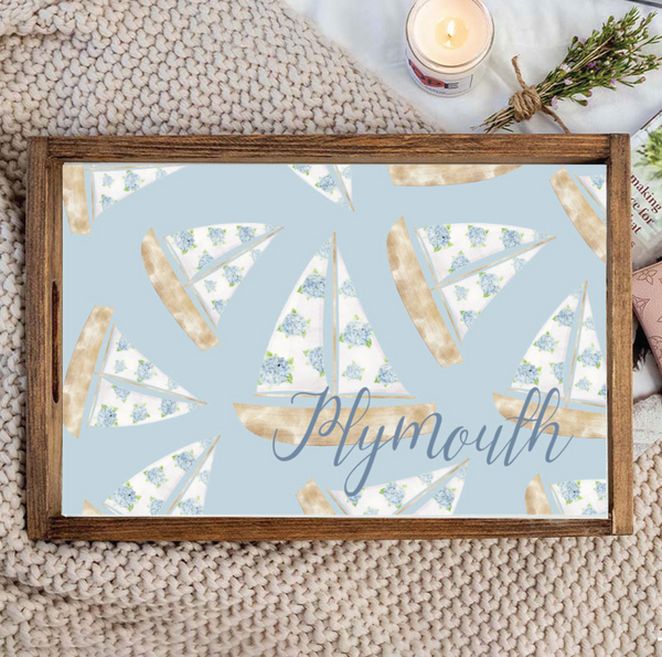 Hydrangea Sailboat Personalized Wooden Serving Tray