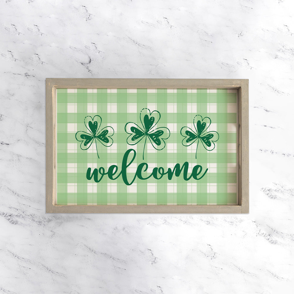 Welcome Plaid Shamrock Serving Wooden Serving Tray