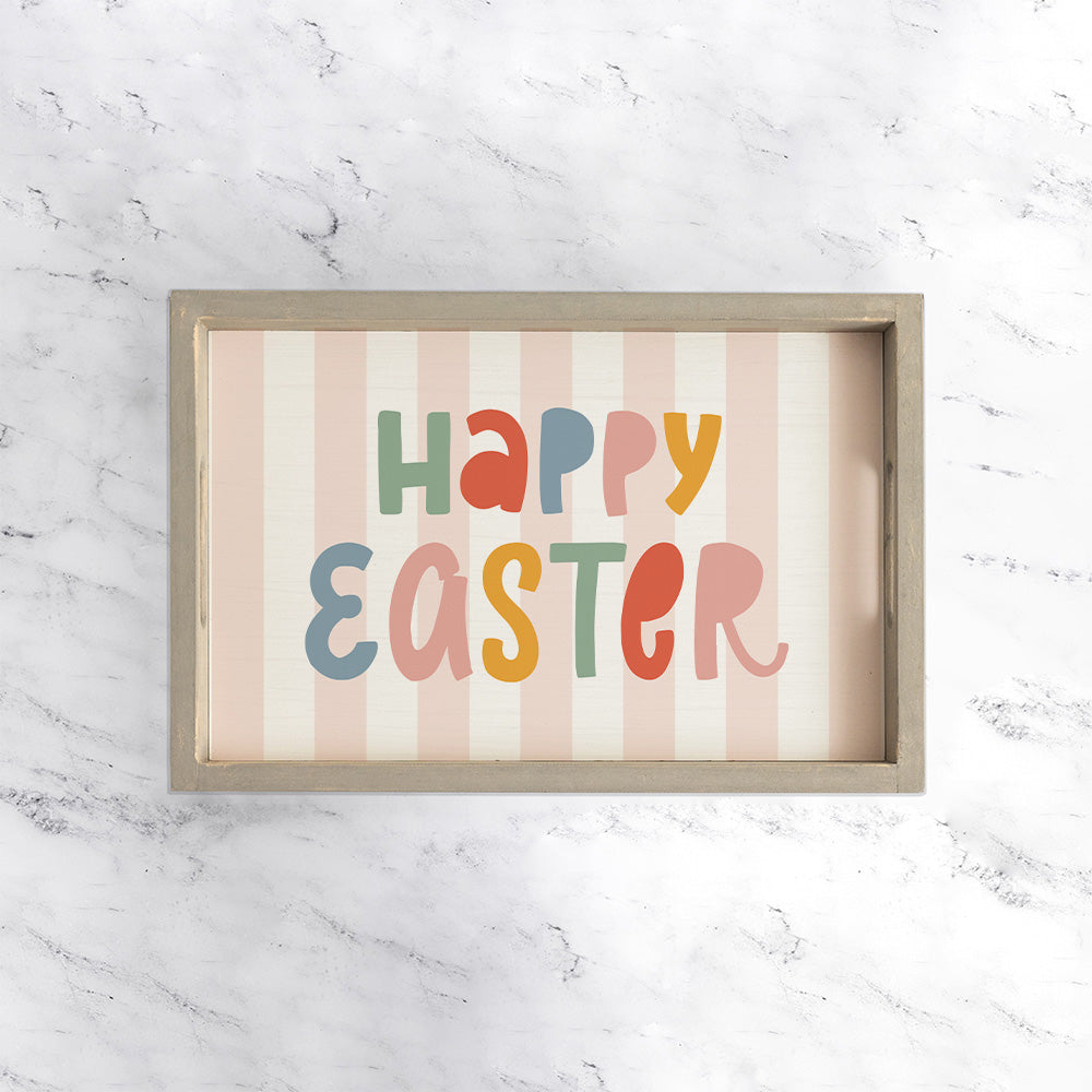 Pink Striped Happy Easter Wooden Serving Tray