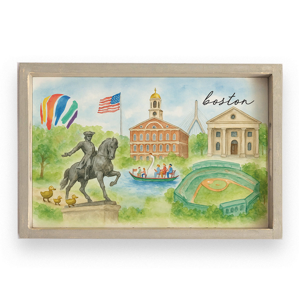 Boston Landmark Watercolor Wooden Serving Tray