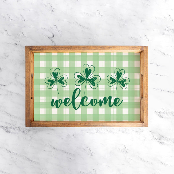 Welcome Plaid Shamrock Serving Wooden Serving Tray
