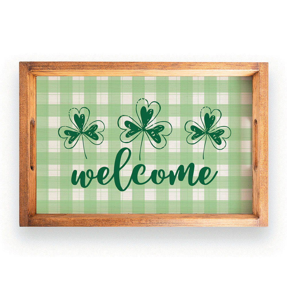 Welcome Plaid Shamrock Serving Wooden Serving Tray