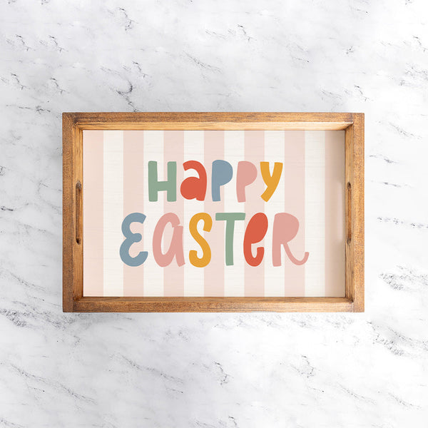 Pink Striped Happy Easter Wooden Serving Tray