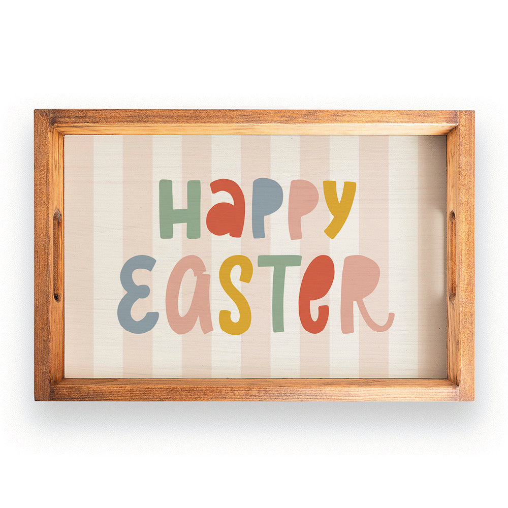 Pink Striped Happy Easter Wooden Serving Tray
