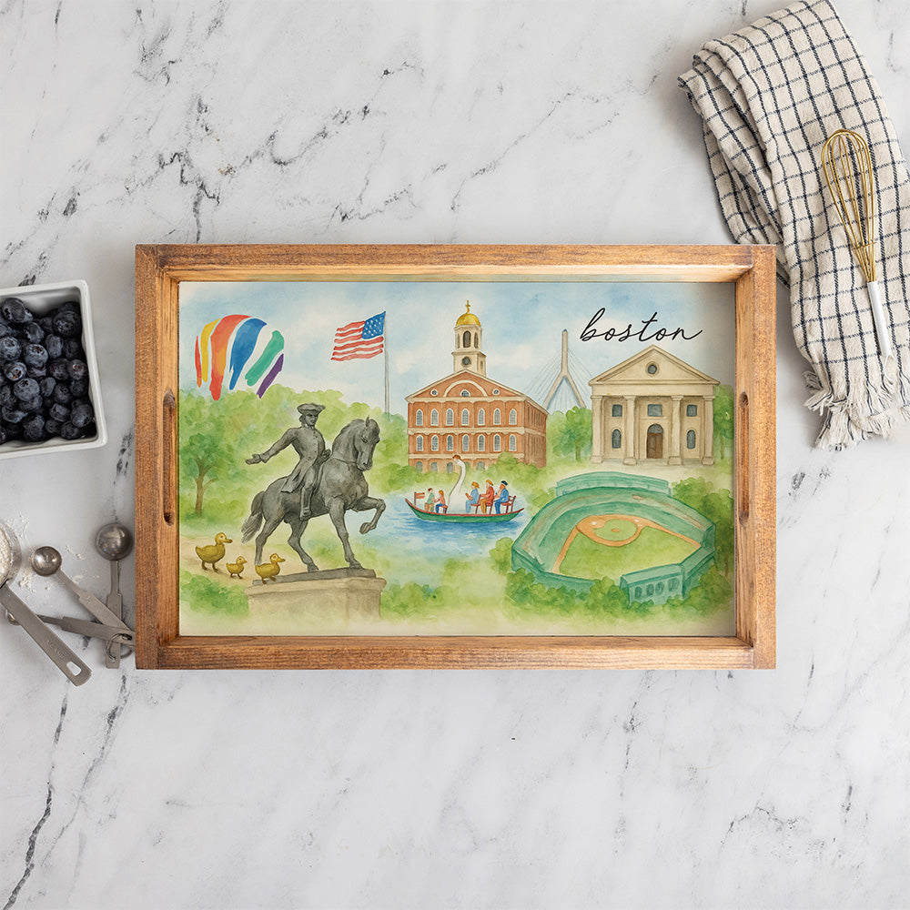 Boston Landmark Watercolor Wooden Serving Tray