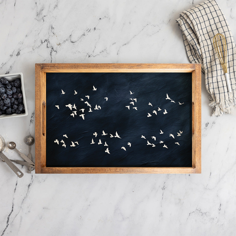 White Birds On Dark Sky Landscape Wooden Serving Tray