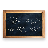 White Birds On Dark Sky Landscape Wooden Serving Tray