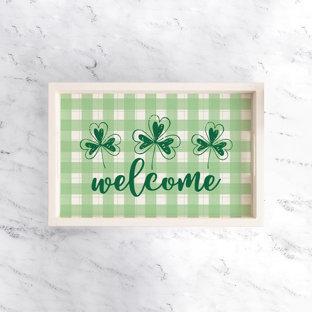 Welcome Plaid Shamrock Serving Wooden Serving Tray