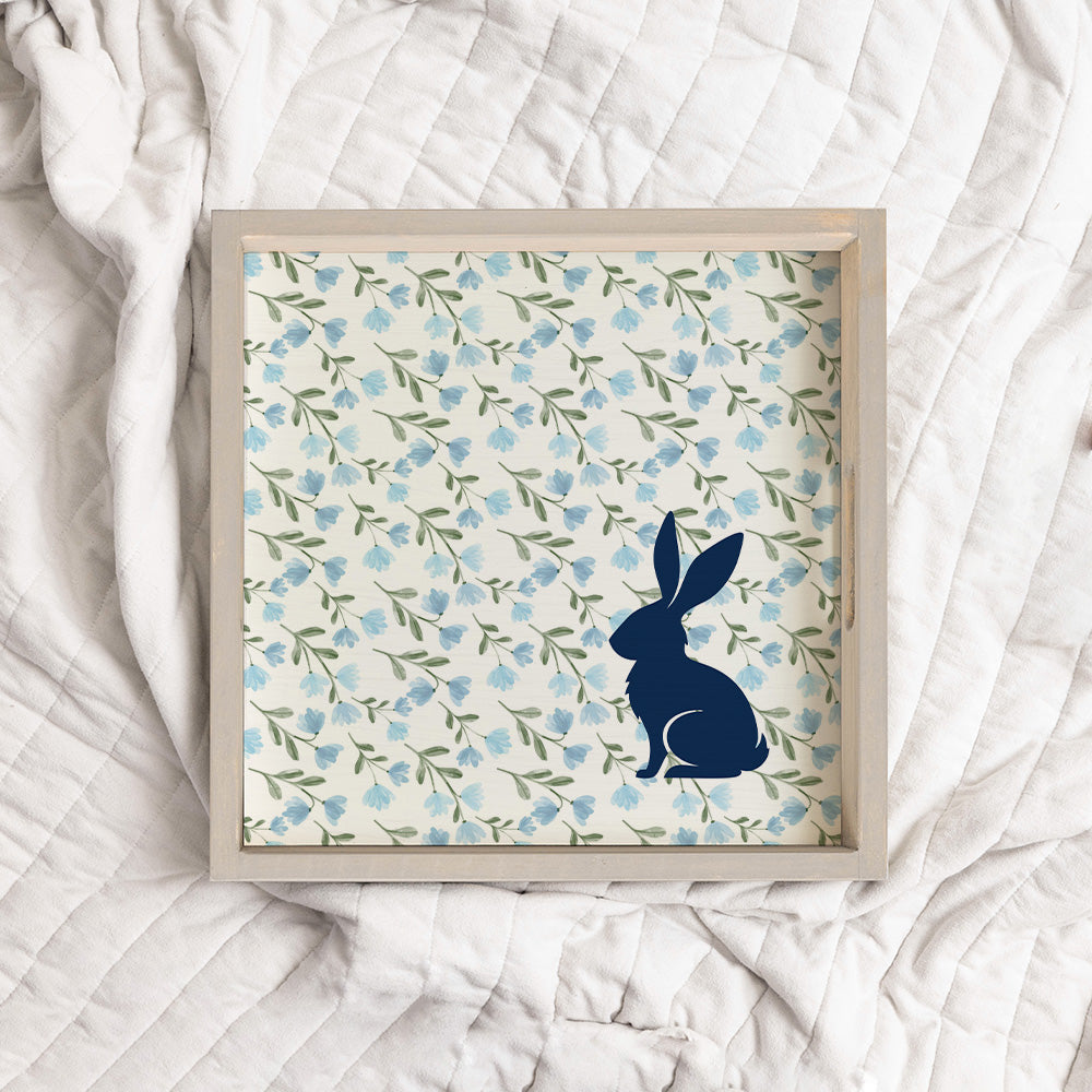 Blue Floral Bunny Wooden Serving Tray