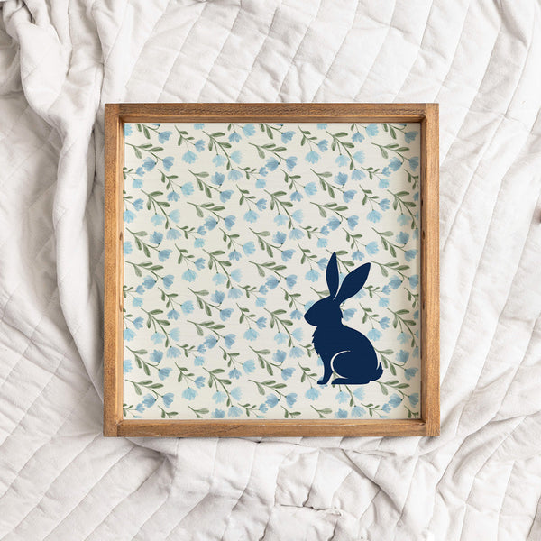 Blue Floral Bunny Wooden Serving Tray