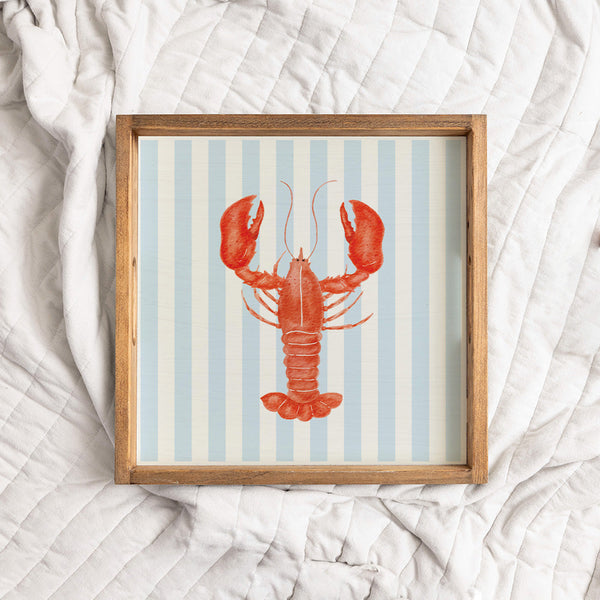 Blue Striped Watercolor Lobster Wooden Serving Tray