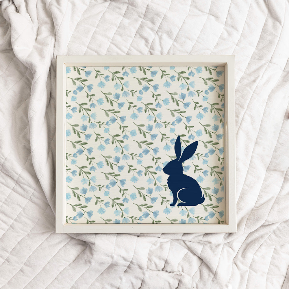 Blue Floral Bunny Wooden Serving Tray