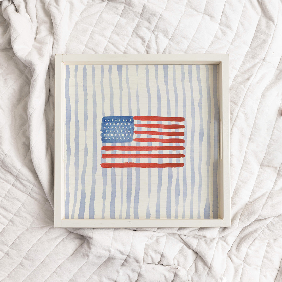 Watercolor American Striped Wooden Serving Tray
