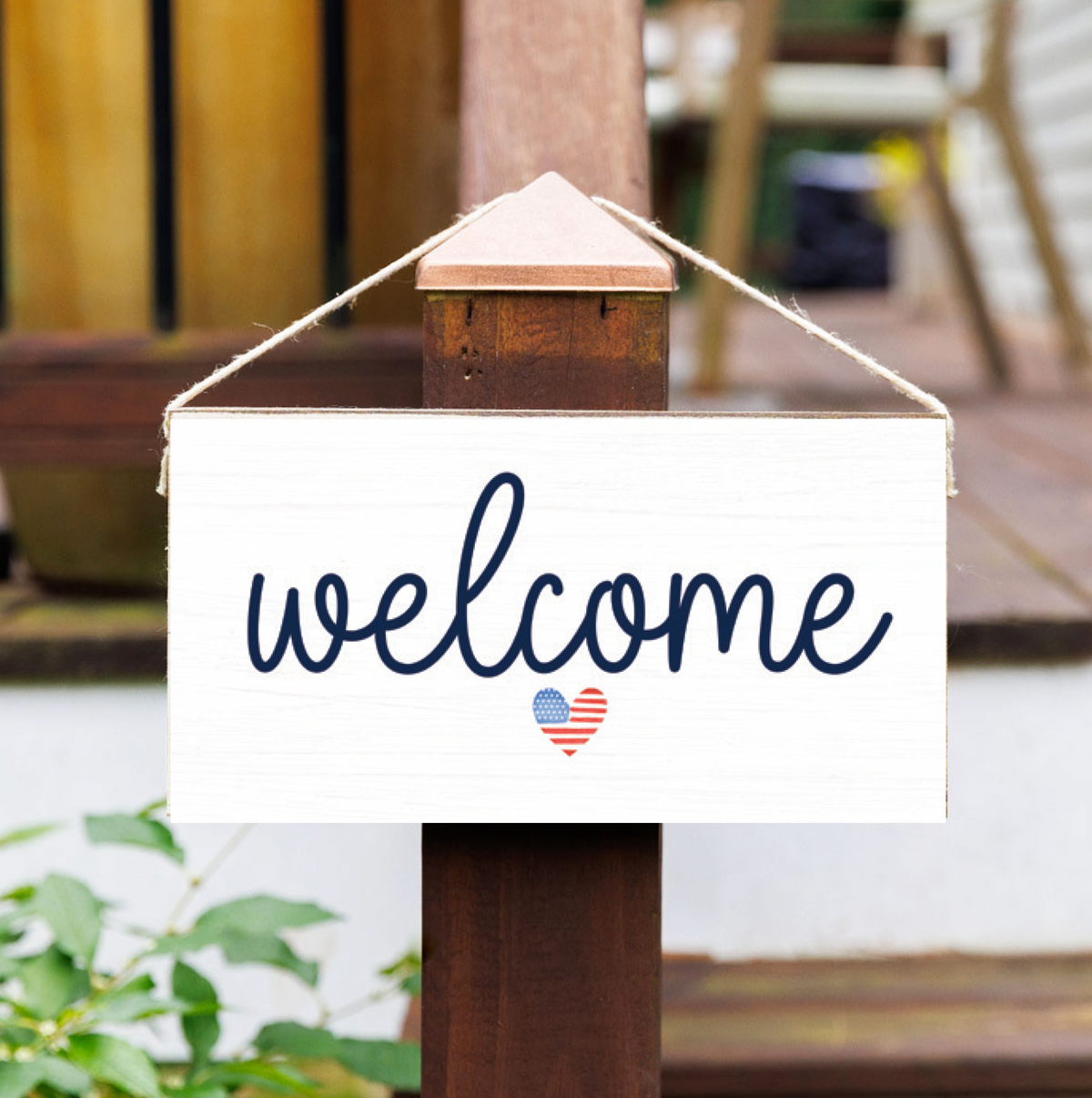 Home Watercolor Flag Heart Twine Sign
