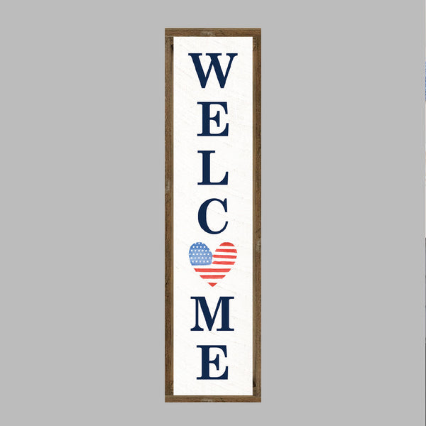 Welcome Watercolor Flag Heart Framed Barn Wood Sign